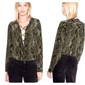 Equipment Shirt Womens Small Green And Black Silk Snakeskin Print Lace Up Blouse